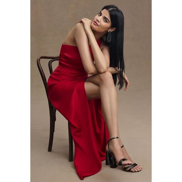 NWT Anthropologie BHLDN Dylan One-Shoulder Satin Side-Slit Gown in Red, Size 12 - Picture 3 of 13